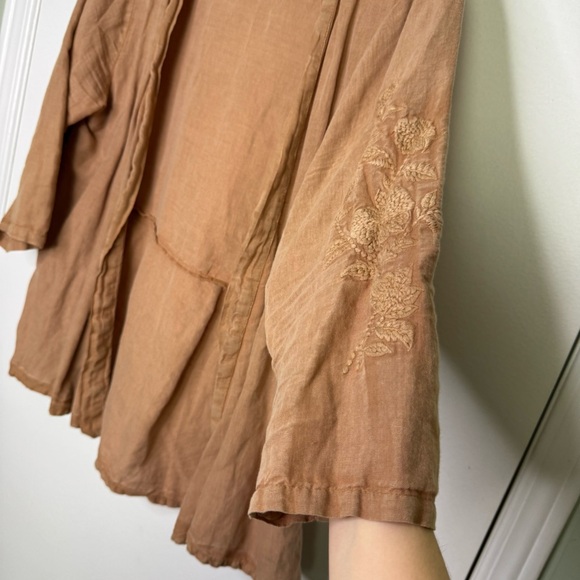 April Cornell Brown Open Front Cardigan Embroidered Sleeve Linen Cotton Size M - Picture 3 of 10